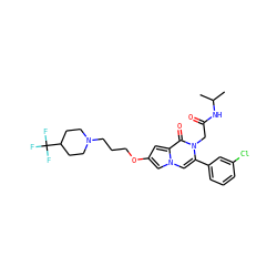 CC(C)NC(=O)Cn1c(-c2cccc(Cl)c2)cn2cc(OCCCN3CCC(C(F)(F)F)CC3)cc2c1=O ZINC000058581890
