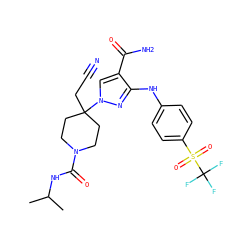 CC(C)NC(=O)N1CCC(CC#N)(n2cc(C(N)=O)c(Nc3ccc(S(=O)(=O)C(F)(F)F)cc3)n2)CC1 ZINC000221018010