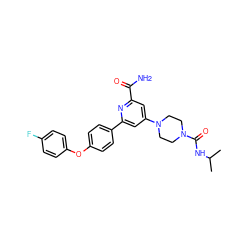 CC(C)NC(=O)N1CCN(c2cc(C(N)=O)nc(-c3ccc(Oc4ccc(F)cc4)cc3)c2)CC1 ZINC000114592208