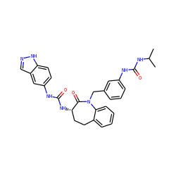 CC(C)NC(=O)Nc1cccc(CN2C(=O)[C@@H](NC(=O)Nc3ccc4[nH]ncc4c3)CCc3ccccc32)c1 ZINC000013798843