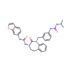 CC(C)NC(=O)Nc1cccc(CN2C(=O)[C@@H](NC(=O)Nc3ccc4ccoc4c3)CCc3ccccc32)c1 ZINC000013798835