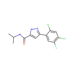 CC(C)NC(=O)c1cc(-c2cc(F)c(Cl)cc2Cl)n[nH]1 ZINC000040880497