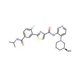 CC(C)NC(=O)c1ccc(F)c(-c2nc(C(=O)Nc3cnccc3N3CCC[C@H](N)C3)cs2)c1 ZINC000169706523