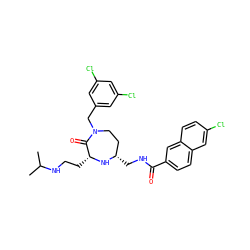 CC(C)NCC[C@H]1N[C@@H](CNC(=O)c2ccc3cc(Cl)ccc3c2)CCN(Cc2cc(Cl)cc(Cl)c2)C1=O ZINC000206886474
