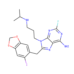 CC(C)NCCCn1c(Cc2cc3c(cc2I)OCO3)nc2c(N)nc(F)nc21 ZINC000013679217