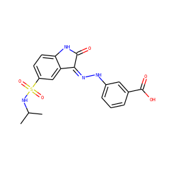 CC(C)NS(=O)(=O)c1ccc2c(c1)/C(=N/Nc1cccc(C(=O)O)c1)C(=O)N2 ZINC000040975289
