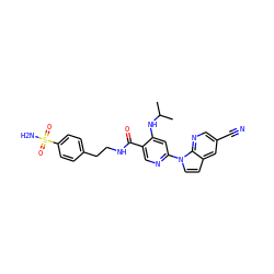 CC(C)Nc1cc(-n2ccc3cc(C#N)cnc32)ncc1C(=O)NCCc1ccc(S(N)(=O)=O)cc1 ZINC001772630491