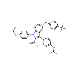 CC(C)Nc1ccc(-n2c(C(=O)O)c(-c3ccc(OC(C)C)cc3)c3cc(Cc4ccc(C(C)(C)C)cc4)ccc32)cc1 ZINC000044352113