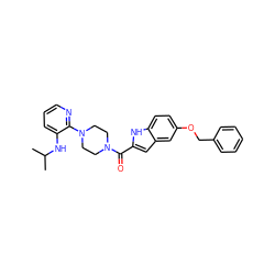CC(C)Nc1cccnc1N1CCN(C(=O)c2cc3cc(OCc4ccccc4)ccc3[nH]2)CC1 ZINC000013827408