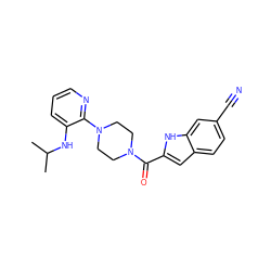 CC(C)Nc1cccnc1N1CCN(C(=O)c2cc3ccc(C#N)cc3[nH]2)CC1 ZINC000005963015