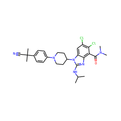 CC(C)Nc1nc2c(C(=O)N(C)C)c(Cl)c(Cl)cc2n1C1CCN(c2ccc(C(C)(C)C#N)cc2)CC1 ZINC000095581540