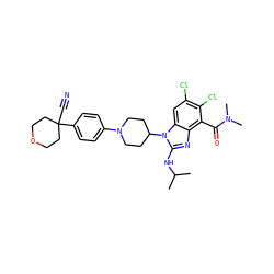 CC(C)Nc1nc2c(C(=O)N(C)C)c(Cl)c(Cl)cc2n1C1CCN(c2ccc(C3(C#N)CCOCC3)cc2)CC1 ZINC000095582060