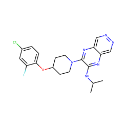 CC(C)Nc1nc2cnncc2nc1N1CCC(Oc2ccc(Cl)cc2F)CC1 ZINC000144328512