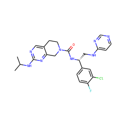 CC(C)Nc1ncc2c(n1)CN(C(=O)N[C@H](CNc1ccncn1)c1ccc(F)c(Cl)c1)CC2 ZINC001772606643