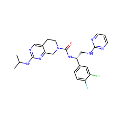CC(C)Nc1ncc2c(n1)CN(C(=O)N[C@H](CNc1ncccn1)c1ccc(F)c(Cl)c1)CC2 ZINC001772621336