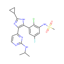 CC(C)Nc1nccc(-c2nc(C3CC3)[nH]c2-c2cc(F)cc(NS(C)(=O)=O)c2Cl)n1 ZINC000096174558