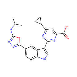 CC(C)Nc1nnc(-c2ccc3[nH]cc(-c4nc(C(=O)O)cc(C5CC5)n4)c3c2)o1 ZINC000204782085