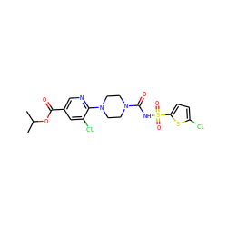 CC(C)OC(=O)c1cnc(N2CCN(C(=O)NS(=O)(=O)c3ccc(Cl)s3)CC2)c(Cl)c1 ZINC000035953398