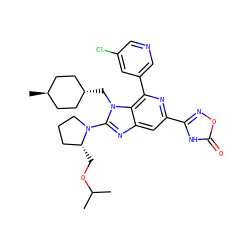 CC(C)OC[C@@H]1CCCN1c1nc2cc(-c3noc(=O)[nH]3)nc(-c3cncc(Cl)c3)c2n1C[C@H]1CC[C@H](C)CC1 ZINC000261107435
