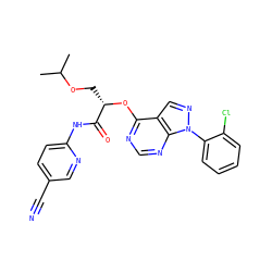CC(C)OC[C@H](Oc1ncnc2c1cnn2-c1ccccc1Cl)C(=O)Nc1ccc(C#N)cn1 ZINC000114684050