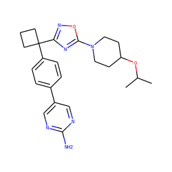 CC(C)OC1CCN(c2nc(C3(c4ccc(-c5cnc(N)nc5)cc4)CCC3)no2)CC1 ZINC001772607926