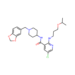 CC(C)OCCCNc1ncc(Cl)cc1C(=O)NC1CCN(Cc2ccc3c(c2)OCO3)CC1 ZINC000028526203