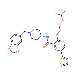 CC(C)OCCNc1ncc(-c2cccs2)cc1C(=O)NC1CCN(Cc2ccc3c(c2)OCO3)CC1 ZINC000028526284