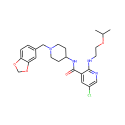 CC(C)OCCNc1ncc(Cl)cc1C(=O)NC1CCN(Cc2ccc3c(c2)OCO3)CC1 ZINC000013685213