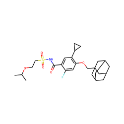 CC(C)OCCS(=O)(=O)NC(=O)c1cc(C2CC2)c(OCC23CC4CC(CC(C4)C2)C3)cc1F ZINC000142202823