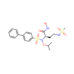 CC(C)ON([C@H](CCNS(C)(=O)=O)C(=O)NO)S(=O)(=O)c1ccc(-c2ccccc2)cc1 ZINC000117101854