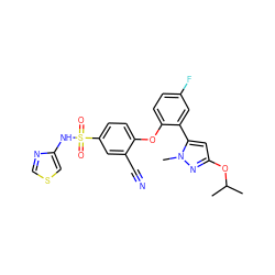 CC(C)Oc1cc(-c2cc(F)ccc2Oc2ccc(S(=O)(=O)Nc3cscn3)cc2C#N)n(C)n1 ZINC000095584683