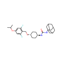 CC(C)Oc1cc(F)c(CO[C@H]2CC[C@H](NC(=O)NC34CC5CC(CC(C5)C3)C4)CC2)c(F)c1 ZINC000101140234