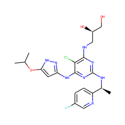 CC(C)Oc1cc(Nc2nc(N[C@@H](C)c3ccc(F)cn3)nc(NC[C@@H](O)CO)c2Cl)n[nH]1 ZINC000040847156
