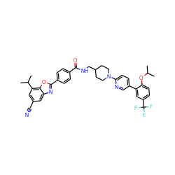 CC(C)Oc1ccc(C(F)(F)F)cc1-c1ccc(N2CCC(CNC(=O)c3ccc(-c4nc5cc(C#N)cc(C(C)C)c5o4)cc3)CC2)nc1 ZINC000072123763
