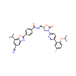 CC(C)Oc1ccc(F)cc1-c1ccc(N2C[C@@H](CNC(=O)c3ccc(-c4nc5cc(C#N)cc(C(C)C)c5o4)cc3)OC2=O)nc1 ZINC000072132856