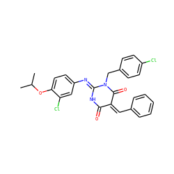 CC(C)Oc1ccc(N=C2NC(=O)/C(=C/c3ccccc3)C(=O)N2Cc2ccc(Cl)cc2)cc1Cl ZINC001772589300