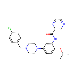 CC(C)Oc1ccc(N2CCN(Cc3ccc(Cl)cc3)CC2)cc1NC(=O)c1cnccn1 ZINC000169346746