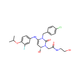 CC(C)Oc1ccc(NC2=C[C@@H](O)N(CC(=O)NCCO)C(=O)N2Cc2ccc(Cl)cc2)cc1F ZINC001772634298