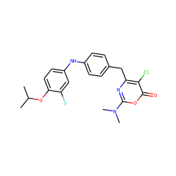 CC(C)Oc1ccc(Nc2ccc(Cc3nc(N(C)C)oc(=O)c3Cl)cc2)cc1F ZINC000221181071