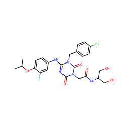 CC(C)Oc1ccc(Nc2nc(=O)n(CC(=O)NC(CO)CO)c(=O)n2Cc2ccc(Cl)cc2)cc1F ZINC000204749488