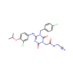 CC(C)Oc1ccc(Nc2nc(=O)n(CC(=O)NCC#N)c(=O)n2Cc2ccc(Cl)cc2)cc1Cl ZINC000220093773