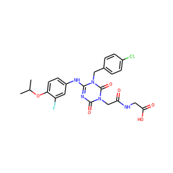 CC(C)Oc1ccc(Nc2nc(=O)n(CC(=O)NCC(=O)O)c(=O)n2Cc2ccc(Cl)cc2)cc1F ZINC000204748705