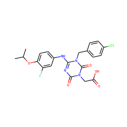 CC(C)Oc1ccc(Nc2nc(=O)n(CC(=O)O)c(=O)n2Cc2ccc(Cl)cc2)cc1F ZINC000145555809
