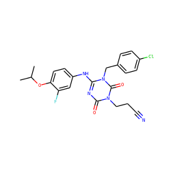 CC(C)Oc1ccc(Nc2nc(=O)n(CCC#N)c(=O)n2Cc2ccc(Cl)cc2)cc1F ZINC000200523012