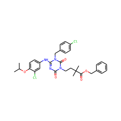 CC(C)Oc1ccc(Nc2nc(=O)n(CCC(C)(C)C(=O)OCc3ccccc3)c(=O)n2Cc2ccc(Cl)cc2)cc1Cl ZINC000200529186