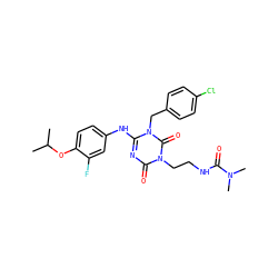 CC(C)Oc1ccc(Nc2nc(=O)n(CCNC(=O)N(C)C)c(=O)n2Cc2ccc(Cl)cc2)cc1F ZINC000204749642