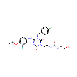 CC(C)Oc1ccc(Nc2nc(=O)n(CCNC(=O)NCCO)c(=O)n2Cc2ccc(Cl)cc2)cc1F ZINC000204751801