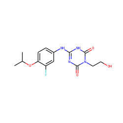 CC(C)Oc1ccc(Nc2nc(=O)n(CCO)c(=O)[nH]2)cc1F ZINC000200524731