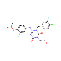 CC(C)Oc1ccc(Nc2nc(=O)n(CCO)c(=O)n2Cc2ccc(Cl)c(F)c2)cc1F ZINC000200507322