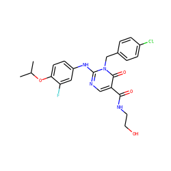 CC(C)Oc1ccc(Nc2ncc(C(=O)NCCO)c(=O)n2Cc2ccc(Cl)cc2)cc1F ZINC000204091328
